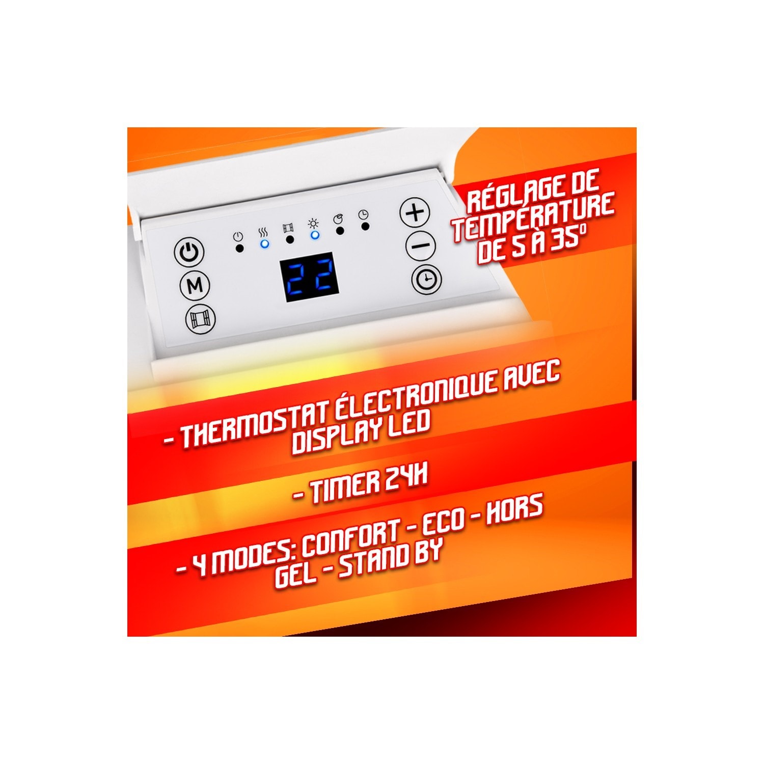Chauffage mural 2000W - 4 modes - Thermostat électronique - Timer 24H Chauffage mural 2000W - 4 modes - Thermostat électronique - Timer 24H
