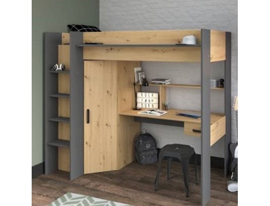 Lit mezzanine 90 x 200 cm avec bureau, penderie et étagères et