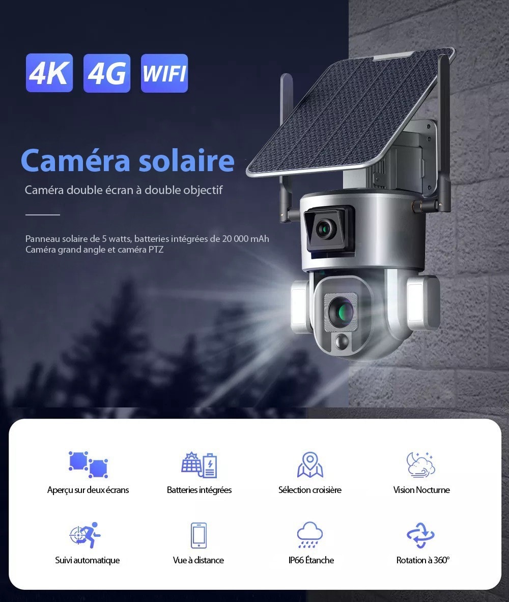 Caméra De Surveillance Sans Fil Caméra De Surveillance WiFi Extérieure Solaire 2K – Vision Nocturne Couleur, 360° PTZ, Détection PIR, étanche IP66 Caméras De Surveillance