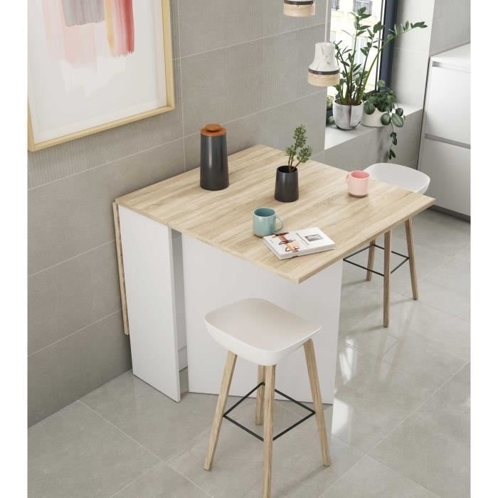 Table de cuisine rabattable fly - mélaminé blanc artik et chêne - l 140 ...